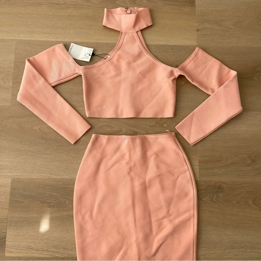 NWT Mistress Rocks Coral Peach Bandage Bodycon Skirt and Top Set Size Small - Picture 2 of 7
